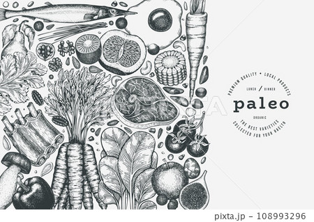 Paleo Diet Design Template. Vector Hand Drawn Healthy Food Banner. Vintage Style Menu Illustration. Paleo Diet Design Template. Vector Hand Drawn Healthy Food Banner. Vintage Style Menu Illustration. 108993296