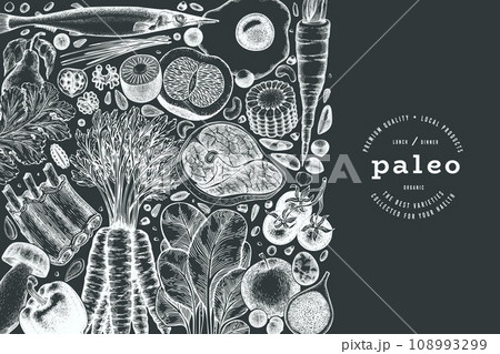Paleo Diet Chalk Board Design Template. Vector Hand Drawn Healthy Food Banner. Vintage Style Menu Illustration. Paleo Diet Chalk Board Design Template. Vector Hand Drawn Healthy Food Banner. Vintage Style Menu Illustration. 108993299