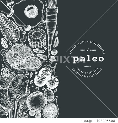 Paleo Diet Chalk Board Design Template. Vector Hand Drawn Healthy Food Banner. Vintage Style Menu Illustration. 108993308