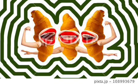 Poster. Contemporary art collage. Strong croissant showing their athletic, muscular build bodies against modern creative background. bright design. 108993679