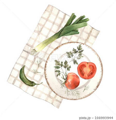 Watercolor illustration of a kitchen towel in a cage, with a plate and vegetables: onion, pepper, tomato and dill. Composition on a white background. Hand-drawn clipart, used in graphic design. 108993944