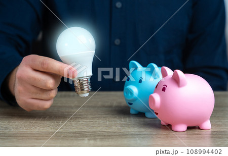 Idea for collecting savings. Good idea to make money. Invest in the successful launch of a startup. Promising business ideas. Fintech. Patenting. Piggy bank and sparkling light bulb 108994402