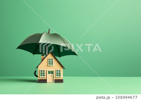 Small wooden house under umbrella on green background, copy space. Home insurance and safety concept. AI generated. 108994677