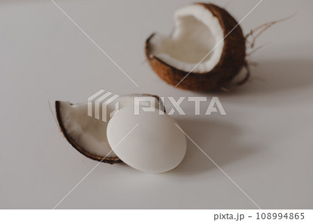 Natural herbal soap with coconut oil. Handmade soap bar and coconut on white background 108994865