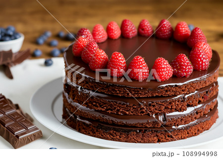 チョコレートとラズベリーのデコレーションホールケーキ 108994998