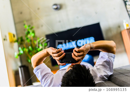 自宅でテレビゲームをする男性 108995135
