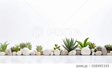 a row of succulent plants and white stones on a white background, creating a peaceful and modern aesthetic a row of succulent plants and white stones on a white background, creating a peaceful and modern aesthetic 108995193