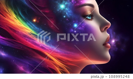 女性の顔と宇宙や銀河が融合した色彩豊かなイラスト 女性の顔と宇宙や銀河が融合した色彩豊かなイラスト 108995248