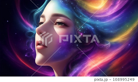 女性の顔と宇宙や銀河が融合した色彩豊かなイラスト 108995249