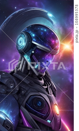 ロボットの顔と宇宙や銀河が融合した色彩豊かなイラスト ロボットの顔と宇宙や銀河が融合した色彩豊かなイラスト 108995378