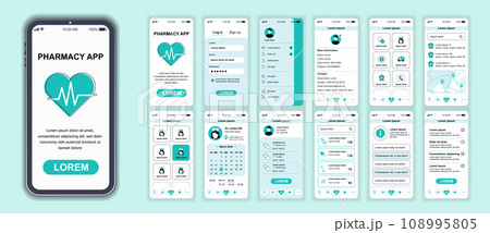 Pharmacy mobile app interface screens template set. Account login, clinic services, visit doctor, calendar, medicines shop ordering. Pack of UI, UX, GUI kit for application web layout. Vector design. Pharmacy mobile app interface screens template set. Account login, clinic services, visit doctor, calendar, medicines shop ordering. Pack of UI, UX, GUI kit for application web layout. Vector design. 108995805