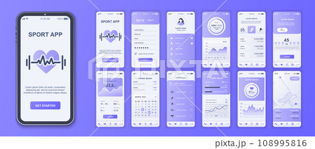 Fitness mobile app interface screens template set. Account login, calorie tracking, sport trainings list, weight data, calendar, map. Pack of UI, UX, GUI kit for application web layout. Vector design. Fitness mobile app interface screens template set. Account login, calorie tracking, sport trainings list, weight data, calendar, map. Pack of UI, UX, GUI kit for application web layout. Vector design. 108995816