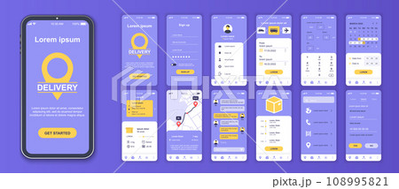 Delivery mobile app interface screens template set. Account login, ordering shipping, parcel calculate, tracking on map, client chat. Pack of UI, UX, GUI kit for application web layout. Vector design. 108995821