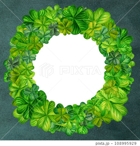 Watercolor wreath with green trefoil and quatrefoil shamrocks. Design of a bright illustration of jewelry for St. Patrick's Day, magic, treasures, wishes of good luck on white background Watercolor wreath with green trefoil and quatrefoil shamrocks. Design of a bright illustration of jewelry for St. Patrick's Day, magic, treasures, wishes of good luck on white background 108995929