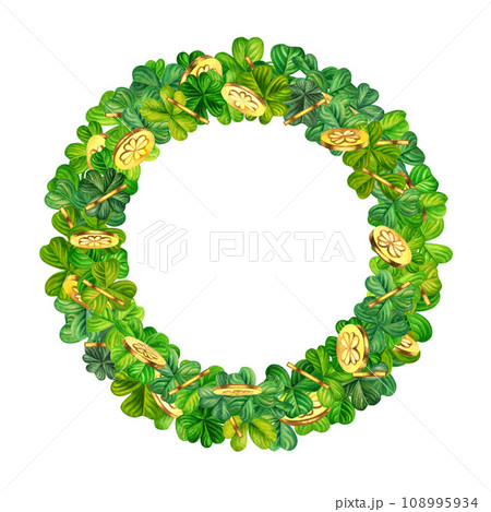 Watercolor wreath with gold coins and green shamrocks. Design of a bright illustration of jewelry for St. Patrick's Day, magic, treasures, wishes of good luck. Element isolated on white background 108995934