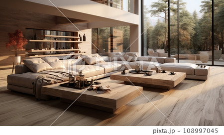 living room, marble wall fireplace and stylish bookcase to the ceiling in a chic expensive interior of a luxurious country house with a modern design with wood and led light, gray furniturу 108997045