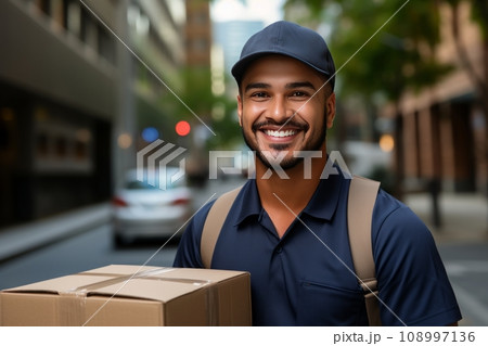 A young positive courier worker holds a cardboard box in his hands and smiles. Concept of storage and delivery of goods. 108997136
