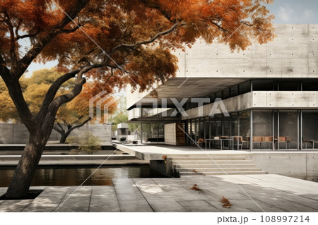 Lightweight concrete building in cubist shape with colorful autumn trees and blue sky in the background. 108997214