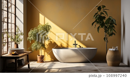 Attic interior with yeloow walls, wooden floors and a white bathtub with a towel standing under the windows. A door in the wall and two toilets. 3D rendering Attic interior with yeloow walls, wooden floors and a white bathtub with a towel standing under the windows. A door in the wall and two toilets. 3D rendering 108997240