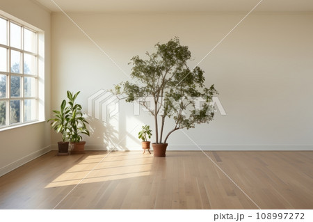 empty room with large windows sunlight white walls home plants mockup for designers 108997272