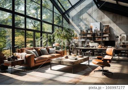 Modern luxury interior background with panoramic windows and nature landscape view, plants, classic panels wall mock up, beige sofa. Design living room with large white window. 3d render illustration. Modern luxury interior background with panoramic windows and nature landscape view, plants, classic panels wall mock up, beige sofa. Design living room with large white window. 3d render illustration. 108997277