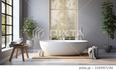 Attic interior with white walls, wooden floors and a white bathtub with a towel standing under the windows. A door in the wall and two toilets. 3D rendering Attic interior with white walls, wooden floors and a white bathtub with a towel standing under the windows. A door in the wall and two toilets. 3D rendering 108997290