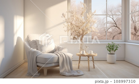 Interior of kitchen in rustic style with vintage kitchen ware and window. White furniture and wooden decor in bright indoor. Country style. 108997310