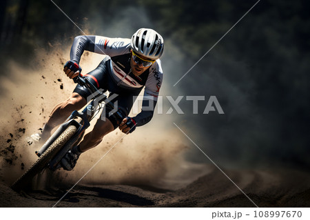 Cyclist riding on a dirt road Cyclist riding on a dirt road 108997670