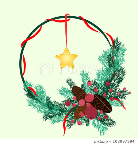 Christmas wreath with red ribbon with star, berries and pins. Vector 108997994