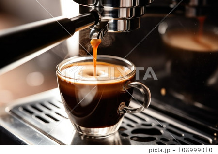 Close-up of espresso pouring from coffee machine. 108999010
