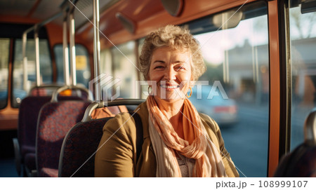 Elegant elderly woman enjoying her city bus ride, with beaming smile and casual chic attire, joyous day in the town in everyday journey Elegant elderly woman enjoying her city bus ride, with beaming smile and casual chic attire, joyous day in the town in everyday journey 108999107