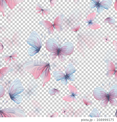 Butterflies are pink, blue, lilac, flying, delicate with wings and splashes of paint. Hand drawn watercolor illustration. Seamless pattern on a white background, for design. 108999175