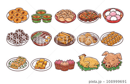 New year foods vector hand-drawn illustration set 108999691