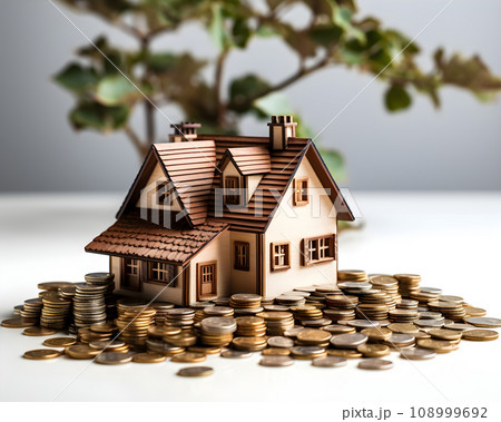 house model and coins on white background. real estate and investment concept. 108999692
