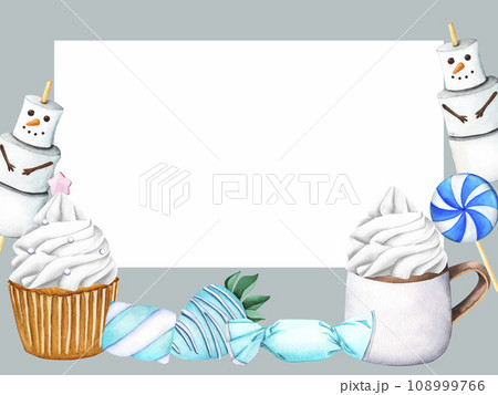 Frame from set of watercolor illustrations sweet desserts. Ice creams, popsicle, hot drink cup with whipped cream, marshmallow snowman, caramel candies, strawberry with glaze blue, marshmallow twists 108999766