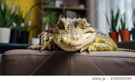 Tiny crocodile thriving in apartment care, an intriguing exotic pet in a home setup 109000090