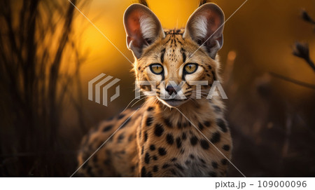 Exotic serval, agile and alert, amidst lush natural surroundings. Exotic serval, agile and alert, amidst lush natural surroundings. 109000096