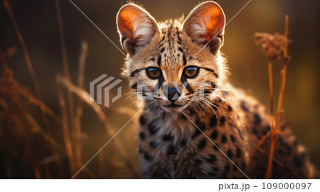 Graceful serval hunting in its natural African grassland habitat 109000097