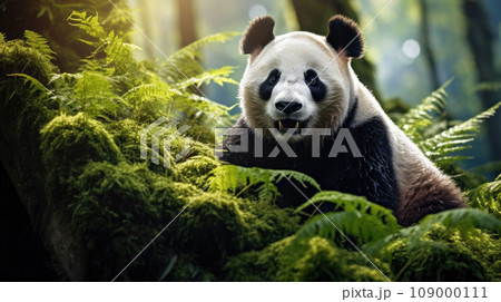 Adorable panda peacefully nestled in its exotic natural habitat 109000111