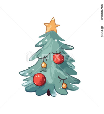 Vector illustration of decorated Christmas tree in snow on white background. Green fluffy xmas pine, isolated on white background. Cute Christmas tree in cartoon watercolor style. 109000200