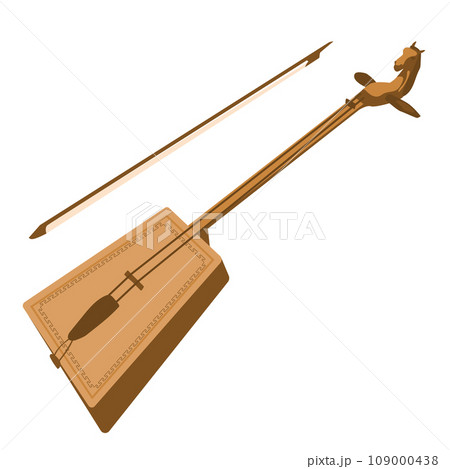 The national musical instrument is the Mongolian. The traditional variety of lute among the nomadic peoples of Mongolia is the Huur. Two-stringed instrument made of wood, bow. Vector illustration. 109000438