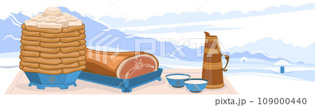 Traditional dishes for the celebration of the Mongolian New Year - Tsagaan Sar. Pies and cottage cheese. Roasted sheep's groats and milk tea against the backdrop of a winter landscape. Vector. Traditional dishes for the celebration of the Mongolian New Year - Tsagaan Sar. Pies and cottage cheese. Roasted sheep's groats and milk tea against the backdrop of a winter landscape. Vector. 109000440