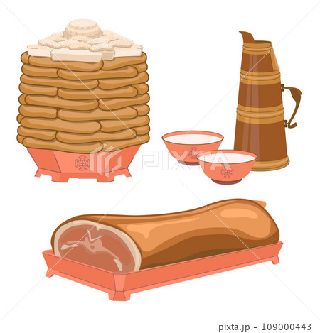 Traditional dishes for the celebration of the Mongolian New Year - Tsagaan Sar. Cake from tortillas and cottage cheese drying. Roasted sheep's groats and tea with milk. Festive meal. Vector. Traditional dishes for the celebration of the Mongolian New Year - Tsagaan Sar. Cake from tortillas and cottage cheese drying. Roasted sheep's groats and tea with milk. Festive meal. Vector. 109000443