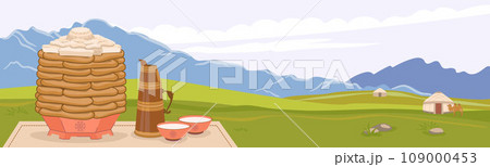 Traditional Mongolian dishes. Pies with cottage cheese and tea with milk, a picnic on the grass, a landscape with a yurt against the backdrop of mountains. Vector. Traditional Mongolian dishes. Pies with cottage cheese and tea with milk, a picnic on the grass, a landscape with a yurt against the backdrop of mountains. Vector. 109000453