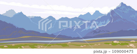 Picturesque landscape with mountains, high mountain valley, river. Panoramic view of distant mountains and blue sky. Picturesque nature. Vector illustration, silhouettes of mountains. Picturesque landscape with mountains, high mountain valley, river. Panoramic view of distant mountains and blue sky. Picturesque nature. Vector illustration, silhouettes of mountains. 109000475