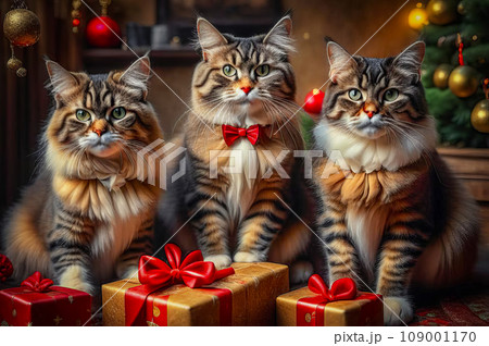 Beautiful cute cats with Christmas gifts in a festive interior 109001170