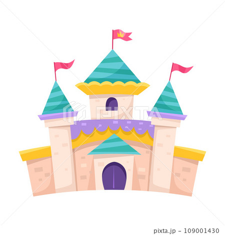 Medieval Fairy Castle with Towers and Flags Vector Illustration 109001430