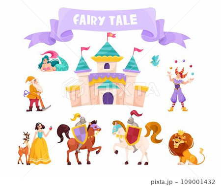 Fairytale Characters with Mermaid, Gnome, Jester, Snow White, Knight and Lion King Vector Set 109001432