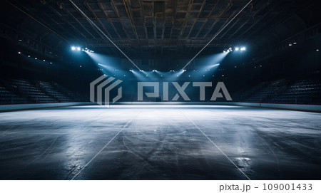 An empty ice skating rink is illuminated by floodlights. Empty stadium and arena. Background for advertising or poster. 109001433