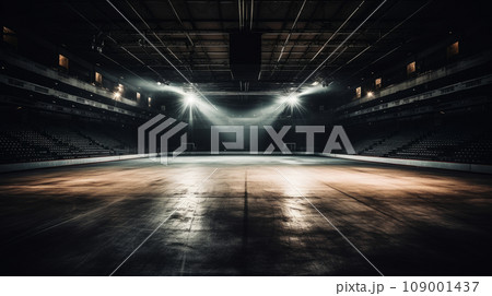 An empty ice skating rink is illuminated by floodlights. Empty stadium and arena. Sports winter background. 109001437